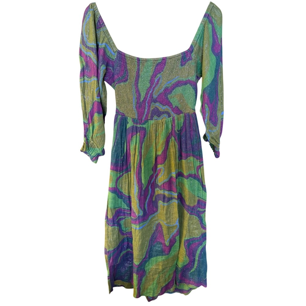 Conditions Apply Riyana Smocked Tie Back Cutout Lurex Boho Dress M Psychedelic